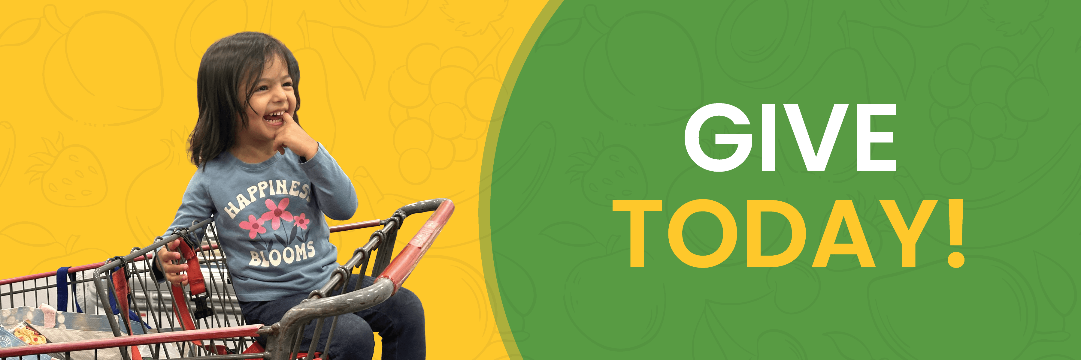 Smiling girl sitting in grocery cart. Text says Give Today!